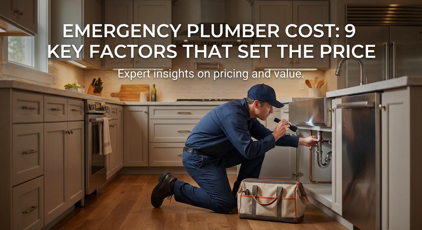 A photorealistic scene of a professional plumber in a branded uniform inspecting copper pipes under a kitchen sink in a modern Orange County home, warm interior lighting, brand accent color #FF6B00 visible on a tool bag. Alt: Repipe OC emergency plumber inspecting pipes in Orange County home.