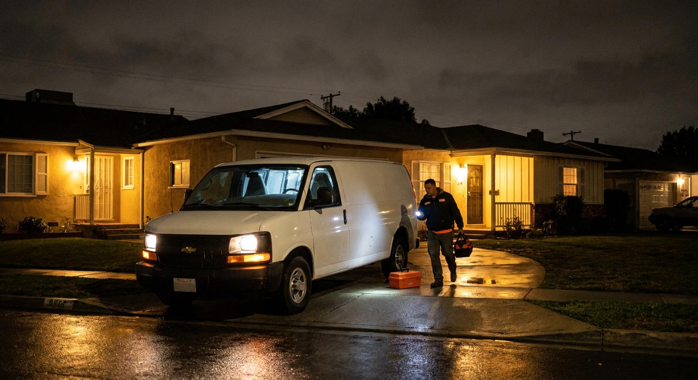 A dramatic nighttime photo of a residential Orange County street with warm porch lights on, a plumber's work van parked outside a home at night, conveying urgency of an after-hours emergency call. Alt: Emergency plumber arriving at night in Orange County for after-hours service call.