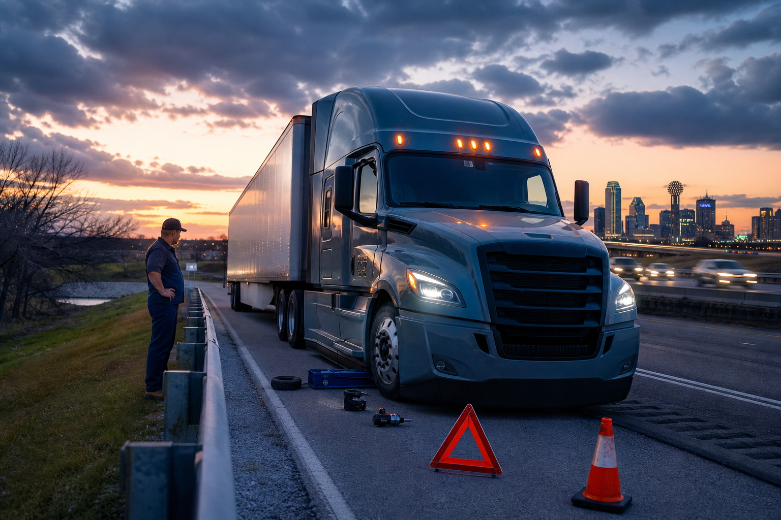 Commercial truck driver safely assessing a flat tire during emergency tire repair in Dallas Fort Worth