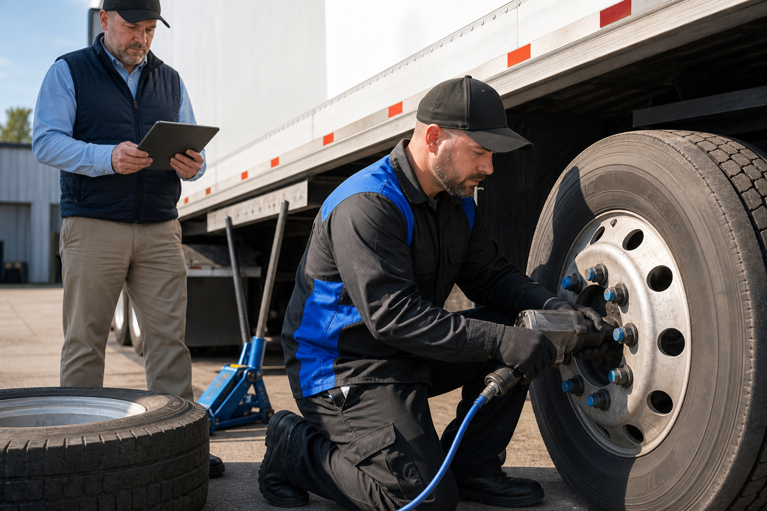 Mobile commercial tire technician performing on-site tire replacement for a DFW fleet truck