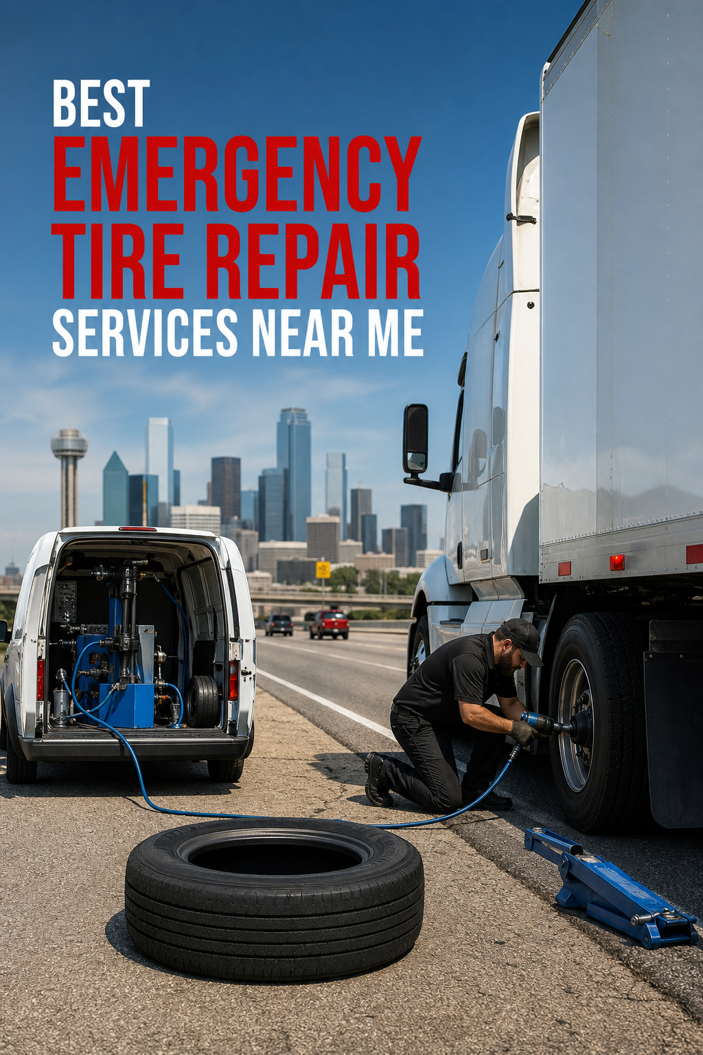 A realistic scene of a mobile tire service truck parked beside a semi‑truck on a highway shoulder, technician working on a tire, bright daylight, DFW skyline in background. Alt: emergency tire repair service in Dallas.