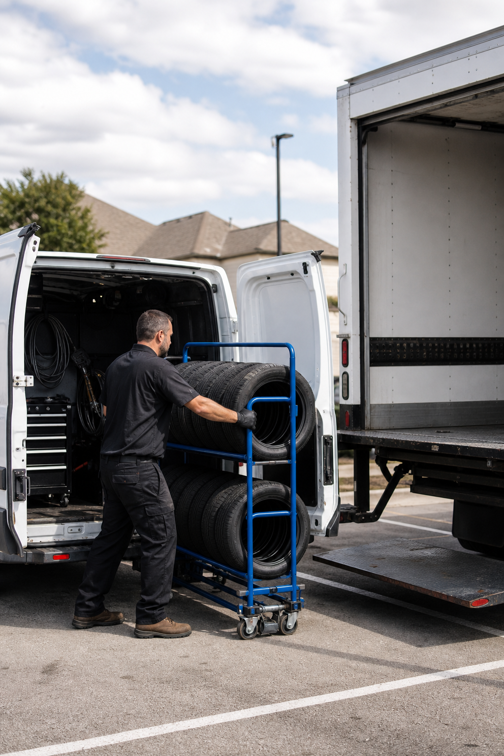 Realistic view of a local service van with the company logo, technician unloading a tire rack beside a delivery truck in a suburban DFW parking lot. Alt: local emergency tire repair provider in Dallas.