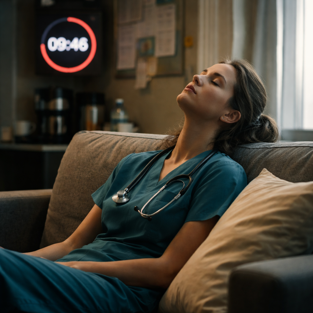 A cinematic, photorealistic scene of a weary nurse sitting on a hospital break room couch, head tilted back, eyes closed, a soft glow from a window illuminating a calm atmosphere. In the background, a digital clock shows a Pomodoro timer countdown, and a plush pillow rests beside her, symbolising the transition from emotional exhaustion to restorative rest. Alt: Emotional exhaustion vs burnout visual for healthcare professionals