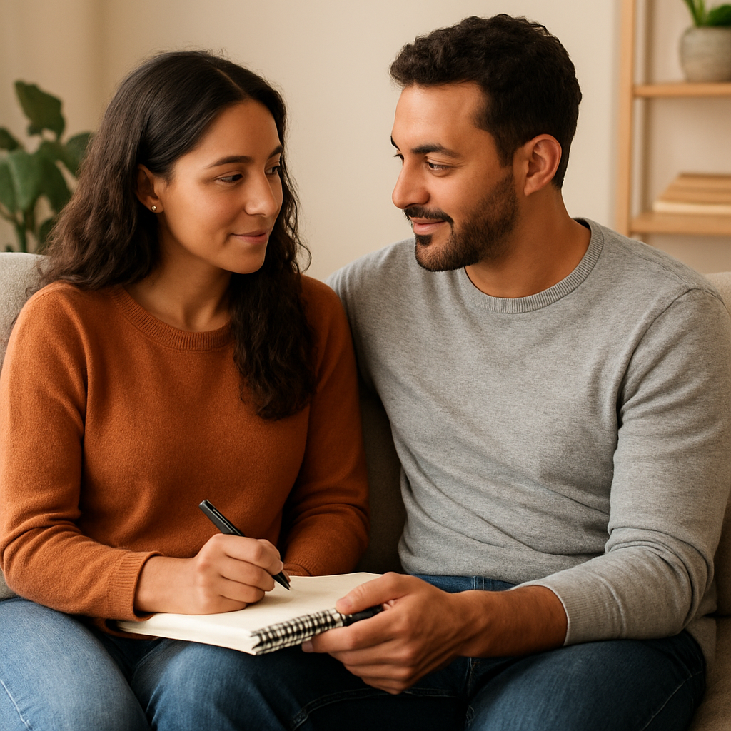 A couple sitting together on a cozy couch, gently checking in with each other using a notebook. Alt: Shared emotional check‑in for couples
