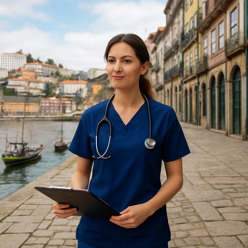 A young nurse walking through the historic streets of Porto, holding a clipboard and a stethoscope, with the Douro River in the background. Alt: mercado de enfermagem Porto oportunidades de emprego enfermeiro porto