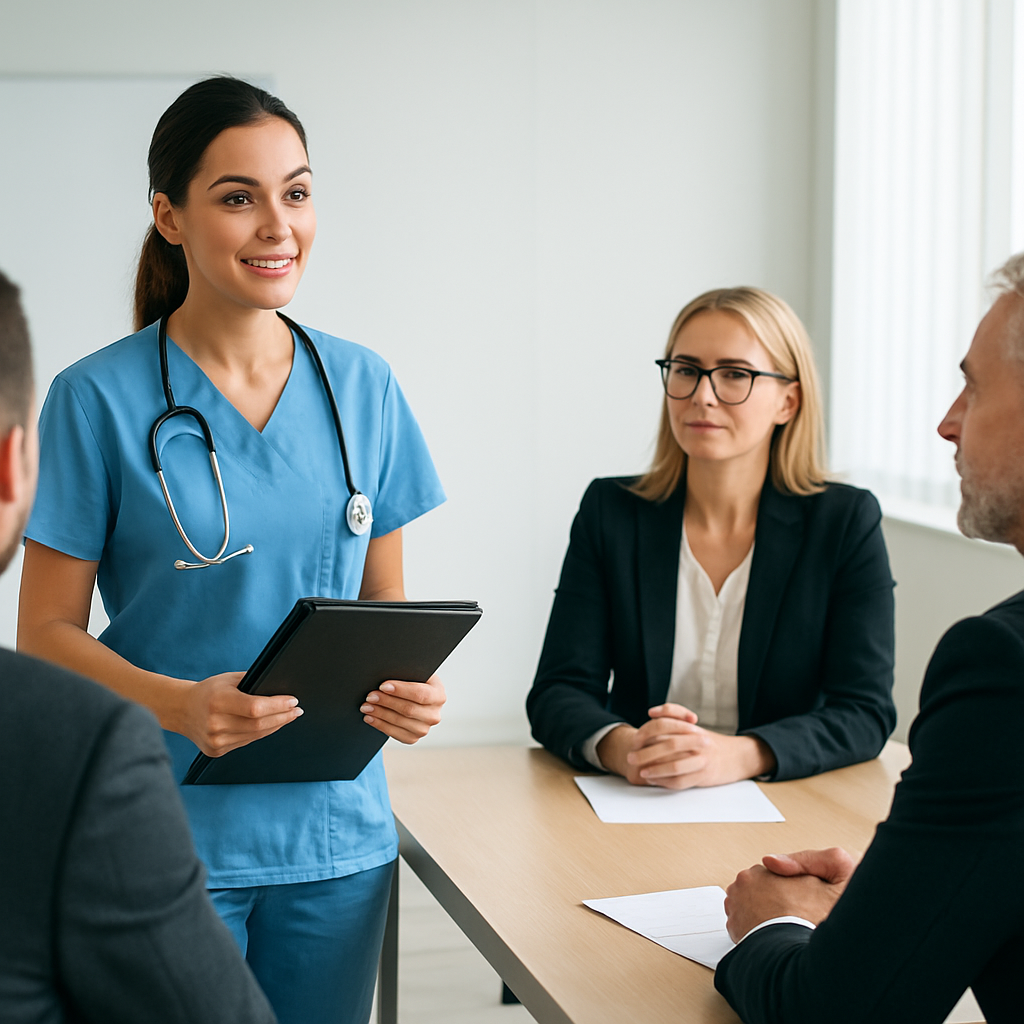 A nurse in a bright interview room, confidently speaking with a panel of hospital recruiters, holding a portfolio of clinical case notes. Alt: dicas para entrevista enfermagem Porto