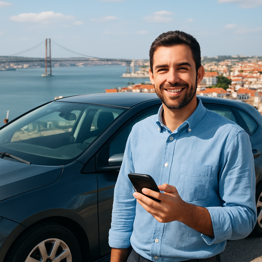 Um motorista TVDE em Lisboa, com o Tejo ao fundo, segurando o celular e sorrindo para a câmera. Alt: motorista TVDE Lisboa, carro urbano, cenário lisboeta