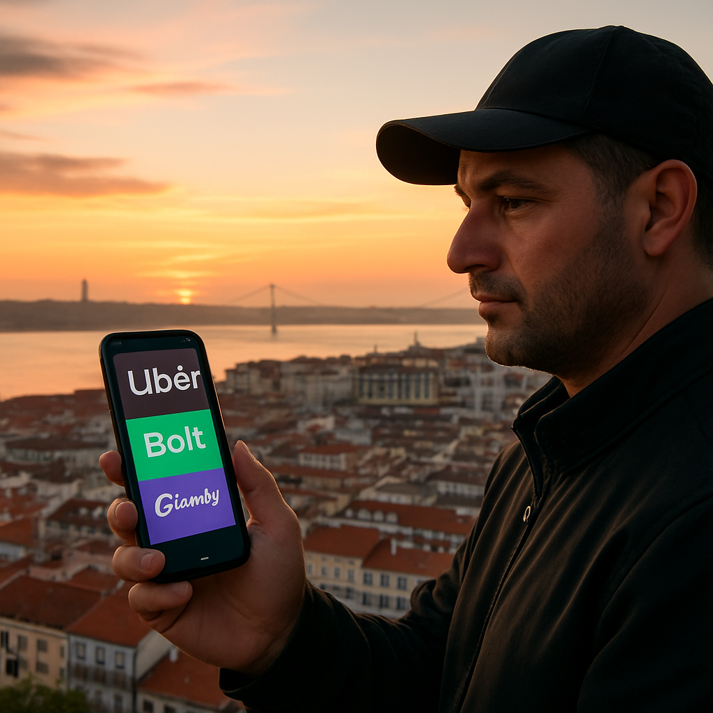 Motorista TVDE segurando celular, fundo da cidade de Lisboa ao entardecer, mostrando aplicativos de corrida na tela. Alt: motorista tvde lisboa procurando vagas online