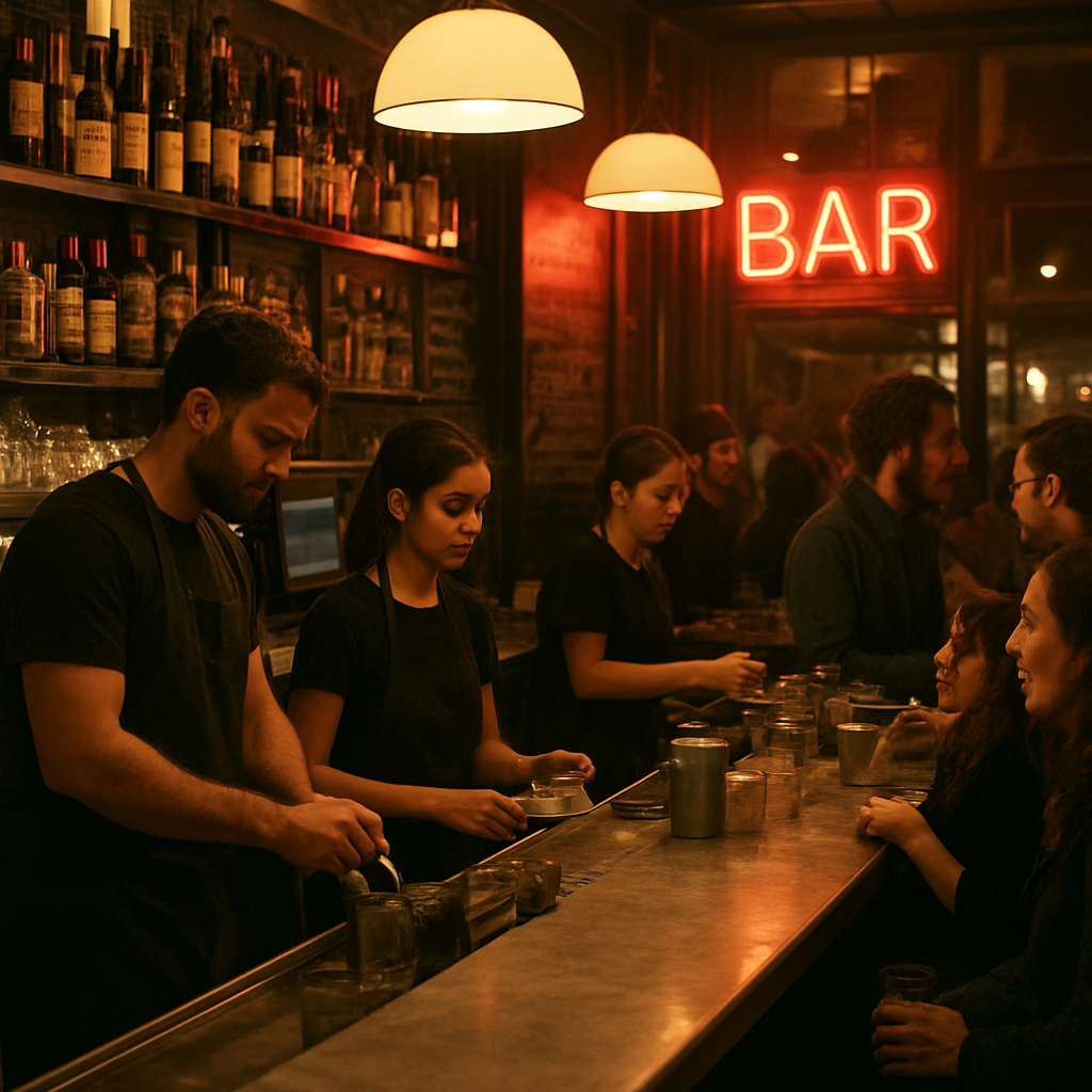 A bustling Lisbon bar at night with people working behind the counter. Alt: emprego part time noite Lisboa restaurantes bares