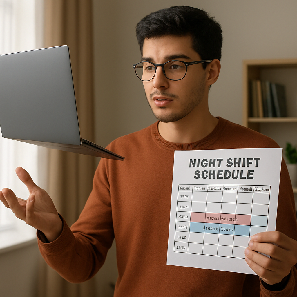 A student juggling a laptop and a night shift schedule, showing a calendar with evening work blocks and study time. Alt: dicas para conciliar trabalho noturno e estudos em Lisboa