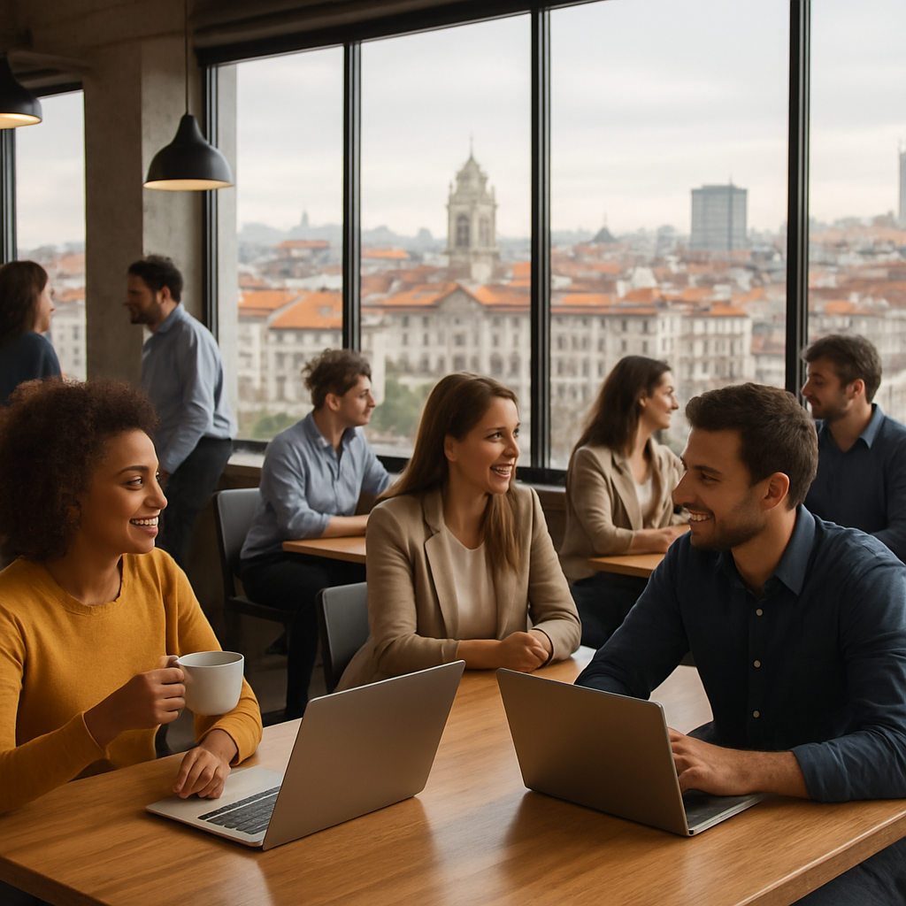 A bustling coworking space in Braga with professionals chatting over coffee, laptops open, and a city skyline visible through the window. Alt: networking eventos Braga empregos Braga