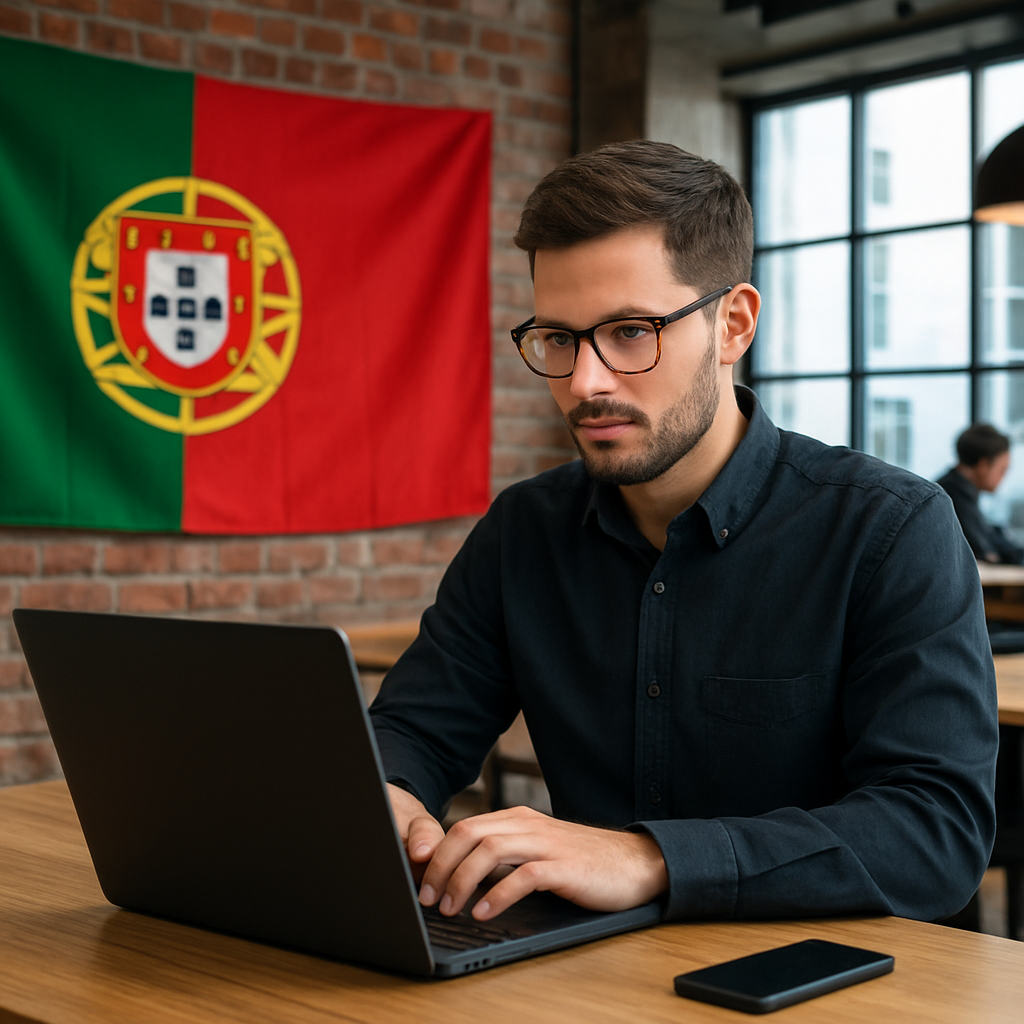 Um profissional de TI trabalhando em um coworking moderno, com a bandeira de Portugal ao fundo. Alt: empregos em Portugal setor tecnologia da informação