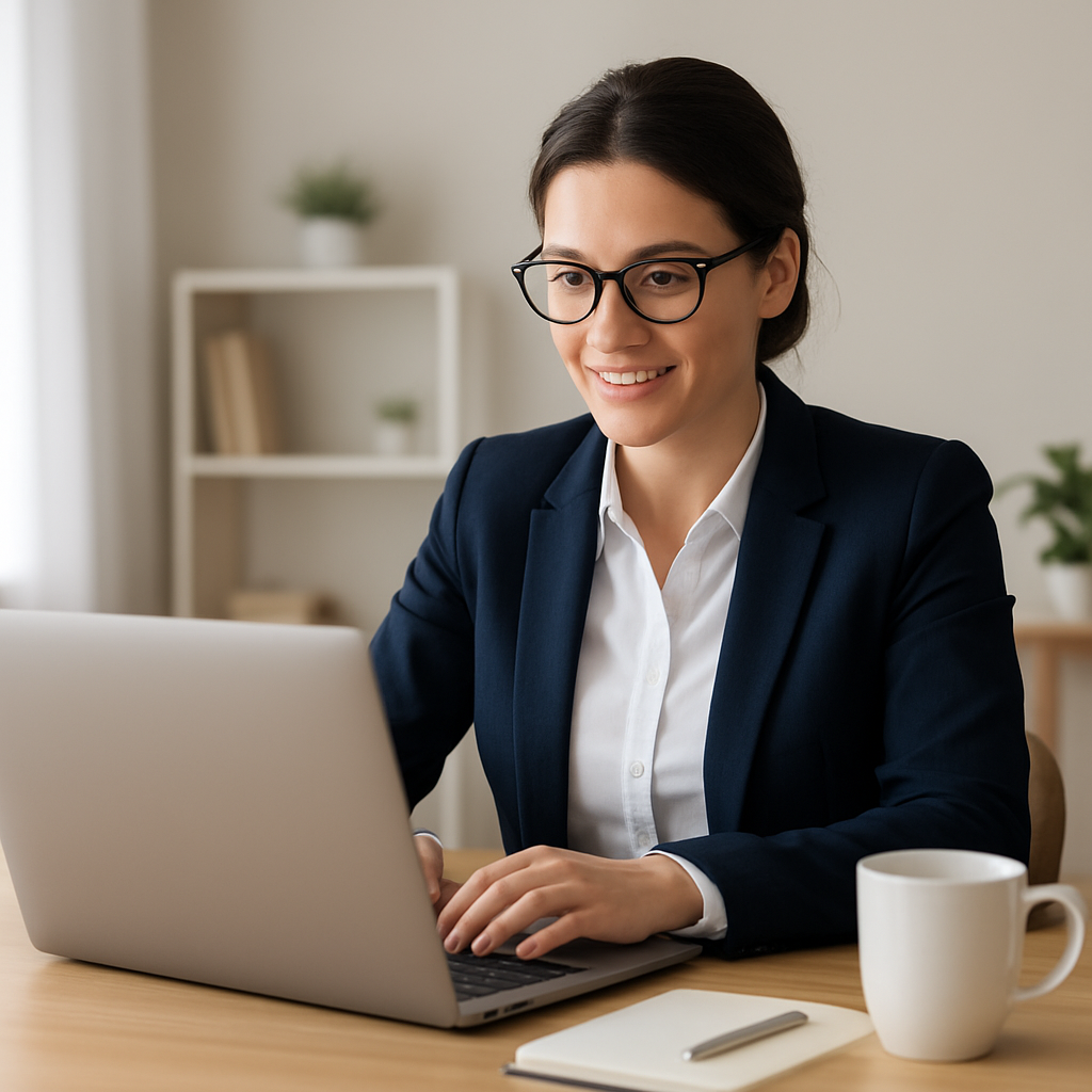 A professional sitting in front of a laptop, well‑lit, with a notebook and a coffee mug, ready for a virtual interview. Alt: entrevista de emprego em Portugal – preparação profissional
