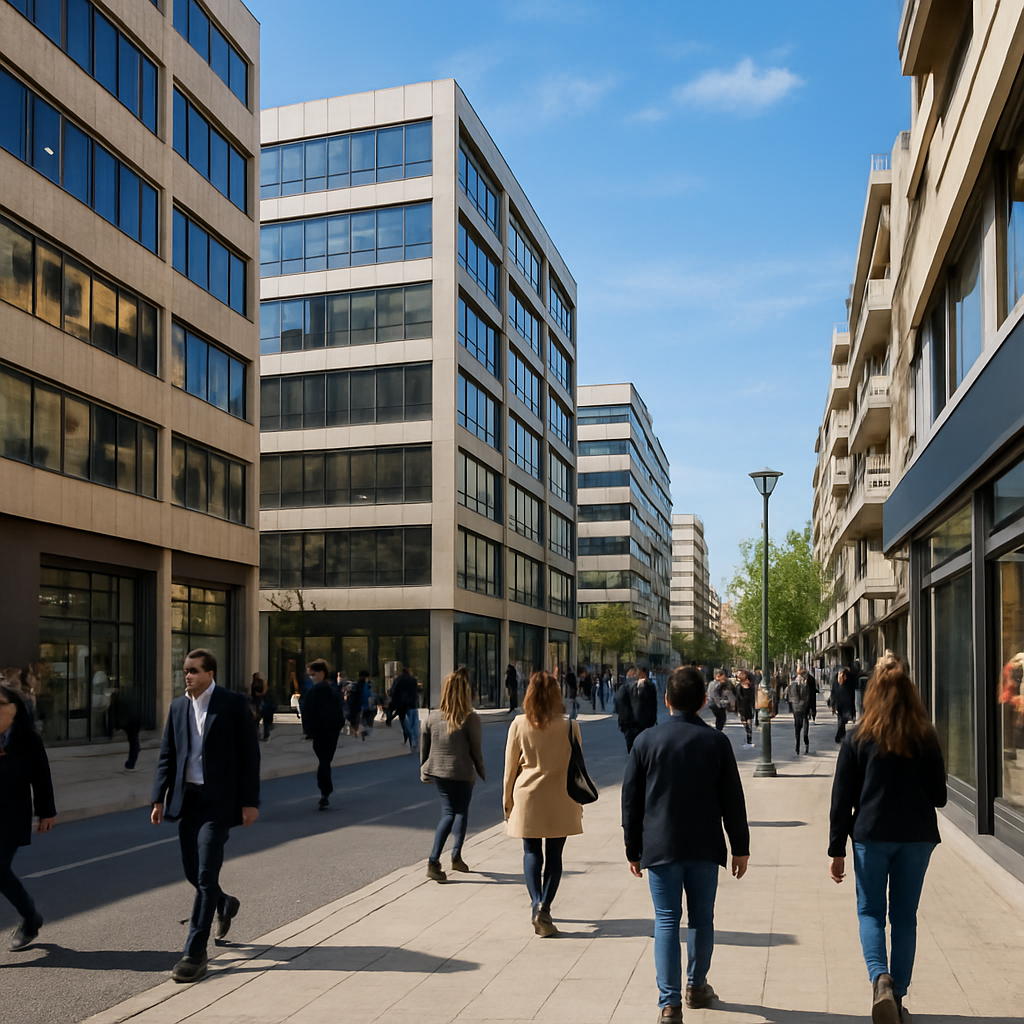 A panoramic view of Faro's business district with people walking, highlighting bustling offices and storefronts. Alt: empregos Faro setores com mais vagas