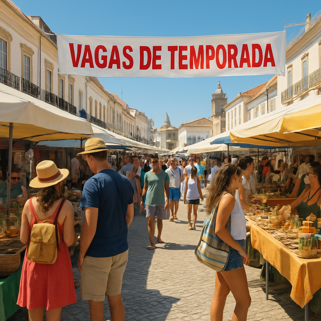 A bustling summer market in Faro with tourists browsing stalls, a banner reading
