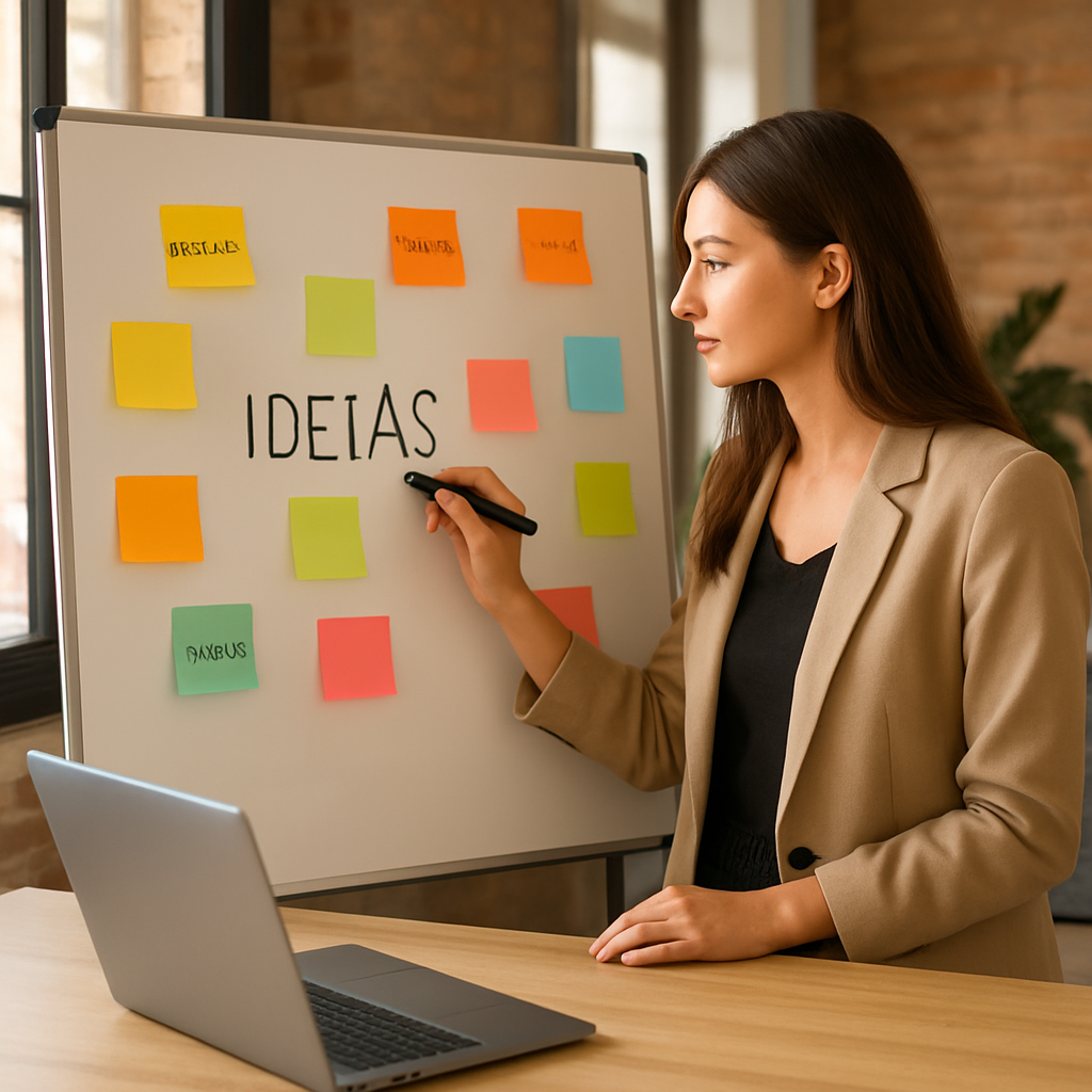 A young marketing professional brainstorming ideas on a whiteboard in a Lisbon coworking space, surrounded by colorful post‑its and a laptop. Alt: vagas de marketing digital e comunicação em Lisboa