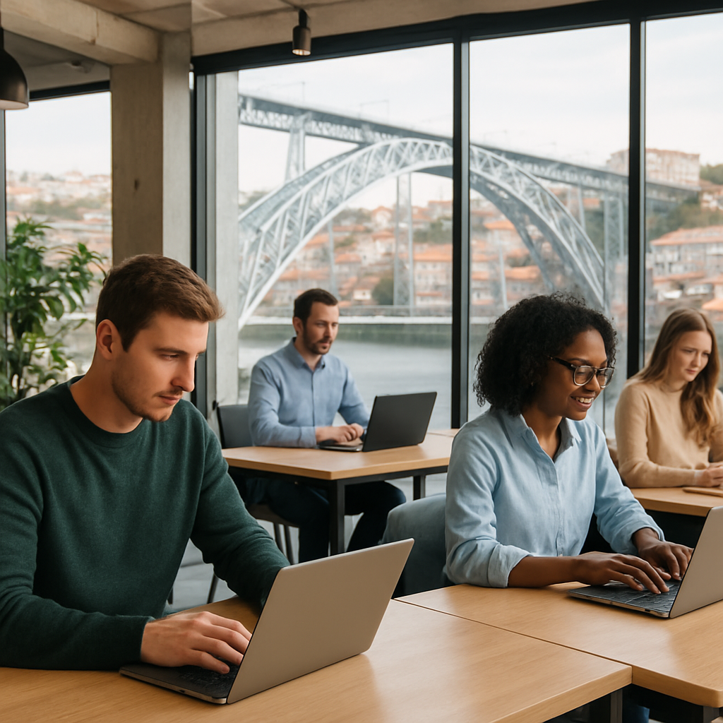 A modern coworking space in Porto with developers working on laptops, background showing the iconic Dom Luís I Bridge. Alt: tecnologia e TI em Porto oportunidades de emprego para profissionais de TI