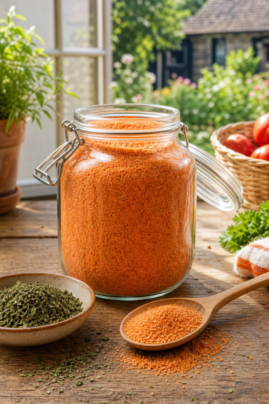 Büyük bir cam kavanozda organik tarhana, yanında bir kaşık ve kuru naneyaprakları, ahşap bir masa üzerinde, doğal gün ışığı, fotorealistik. Alt: WeNatur 2 kg toplu organik tarhana paketi