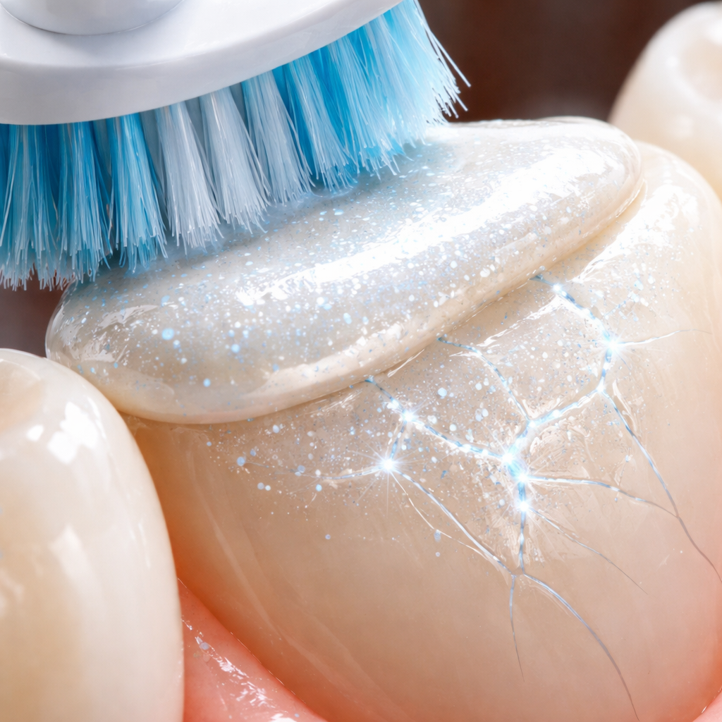 A photorealistic close‑up of a toothbrush spreading a thin layer of nano‑hydroxyapatite toothpaste onto a tooth surface, showing microscopic mineral particles filling cracks. Alt: enamel protection toothpaste repairing enamel