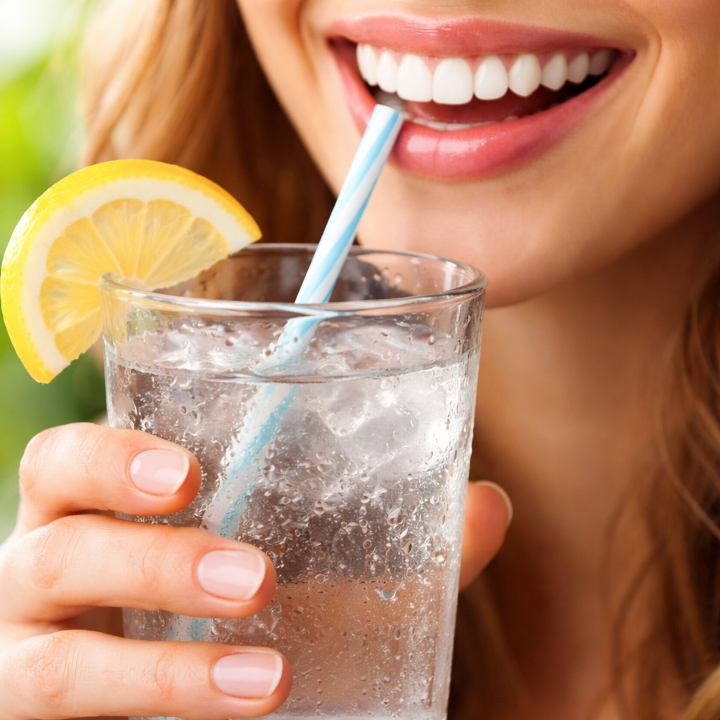 A photorealistic close‑up of a hand holding a glass of water and a straw next to a citrus slice, with droplets glistening, showing a healthy smile in the background. Alt: enamel protection toothpaste habits for stronger teeth.