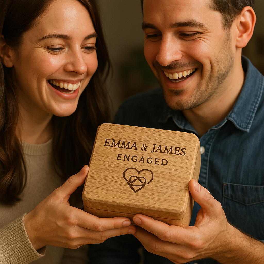 Close-up of a couple exchanging a personalized engagement gift, with engraved wooden box and happy expressions. Alt: Close-up of personalized engagement gift exchange featuring engraved wood keepsake box symbolizing love and bonding.