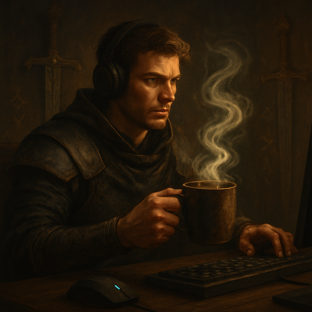 A heroic gamer at a dimly lit desk, mug of dark espresso steam swirling like a mystical aura, fantasy‑themed backdrop with swords and runes. Alt: Dawnblade Espresso coffee for gamers, warrior’s wake‑up brew, immersive gaming coffee ritual.