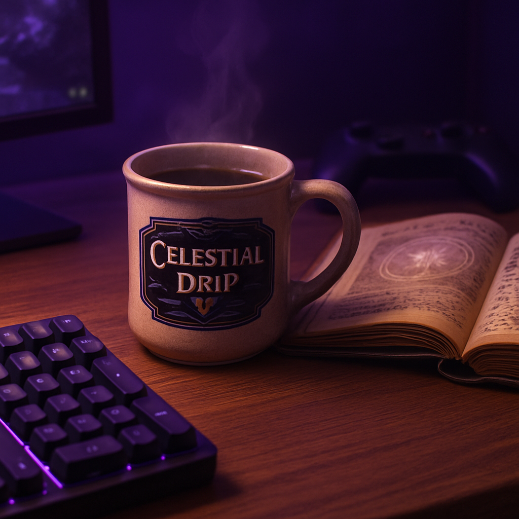 A cozy gaming nook with a wooden desk, a ceramic mug of steaming Celestial Drip, soft lavender lighting, and a fantasy spellbook open beside a mechanical keyboard. Alt: Celestial Drip coffee for gamers, healer’s serene sustain, atmospheric gaming setup.