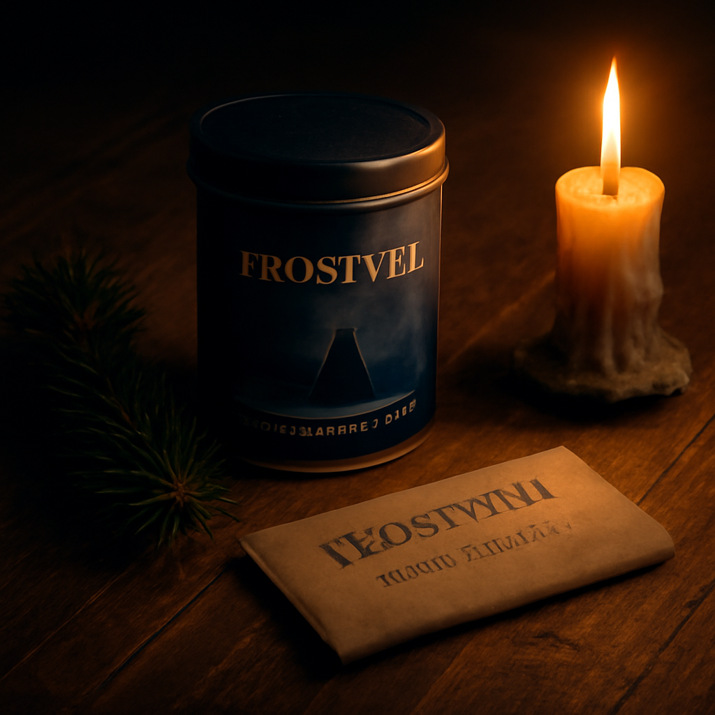 A dimly lit wooden table strewn with a Frostveil tin, a pine sprig, and a hand‑rolled parchment card, soft candlelight glowing nearby. Alt: Frostveil Midnight Roast gift set on a fantasy‑themed table.