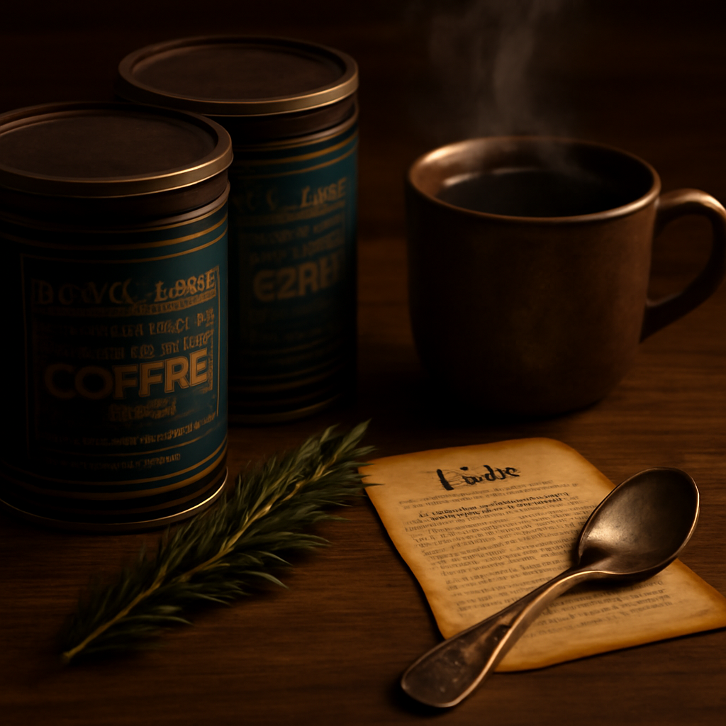 A close‑up of the Aurora Dawn Light Roast Collection tins arranged on a wooden table, with a sprig of rosemary, a rune‑etched spoon, and a parchment lore card beside a steaming mug. Alt: Aurora Dawn Light Roast coffee gift ideas, fantasy themed coffee packaging
