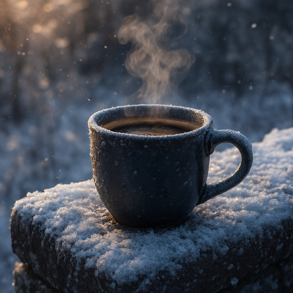 A steaming mug of Frostveil Dawn espresso sitting on a snow‑covered stone ledge, with frost crystals glinting in the low morning light. Alt: Snow‑kissed fantasy themed coffee espresso in a wintery setting.