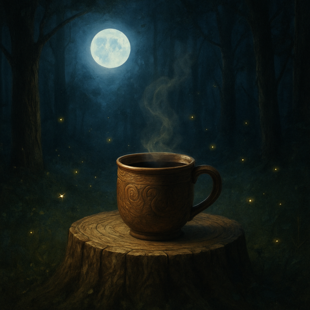 A moonlit forest clearing with a steaming cup of elf coffee on a carved wooden stump, illuminated by fireflies. Alt: Moonlit Elven Roast coffee in enchanted forest.