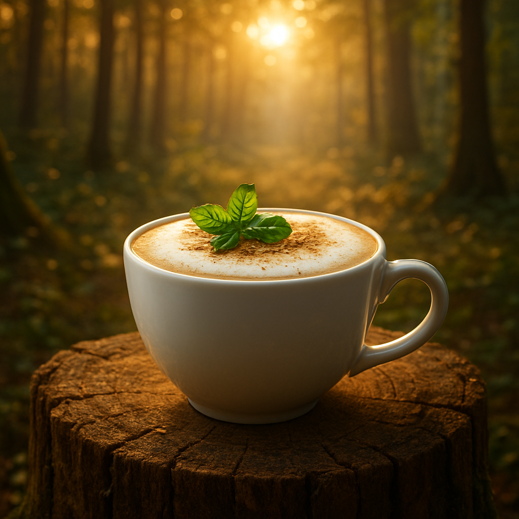 A sunrise-lit forest clearing with a delicate white cappuccino cup on a wooden stump, foam topped with a sprig of mint and a dusting of cinnamon. Alt: Dawnlit Sylvan Cappuccino in a magical woodland setting, highlighting the creamy foam and forest garnish.