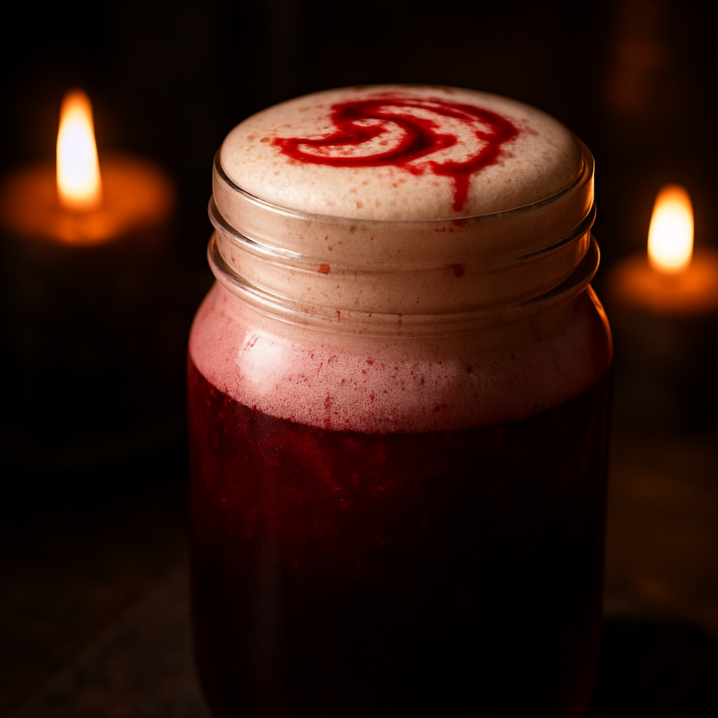 A photorealistic close‑up of a crimson‑tinted cold brew in a glass jar, thick velvet‑foam topping, a swirl of red syrup, candlelight glinting off the surface, evoking a Halloween ritual. Alt: Blood‑Red Velvet Cold Brew Halloween coffee drink.
