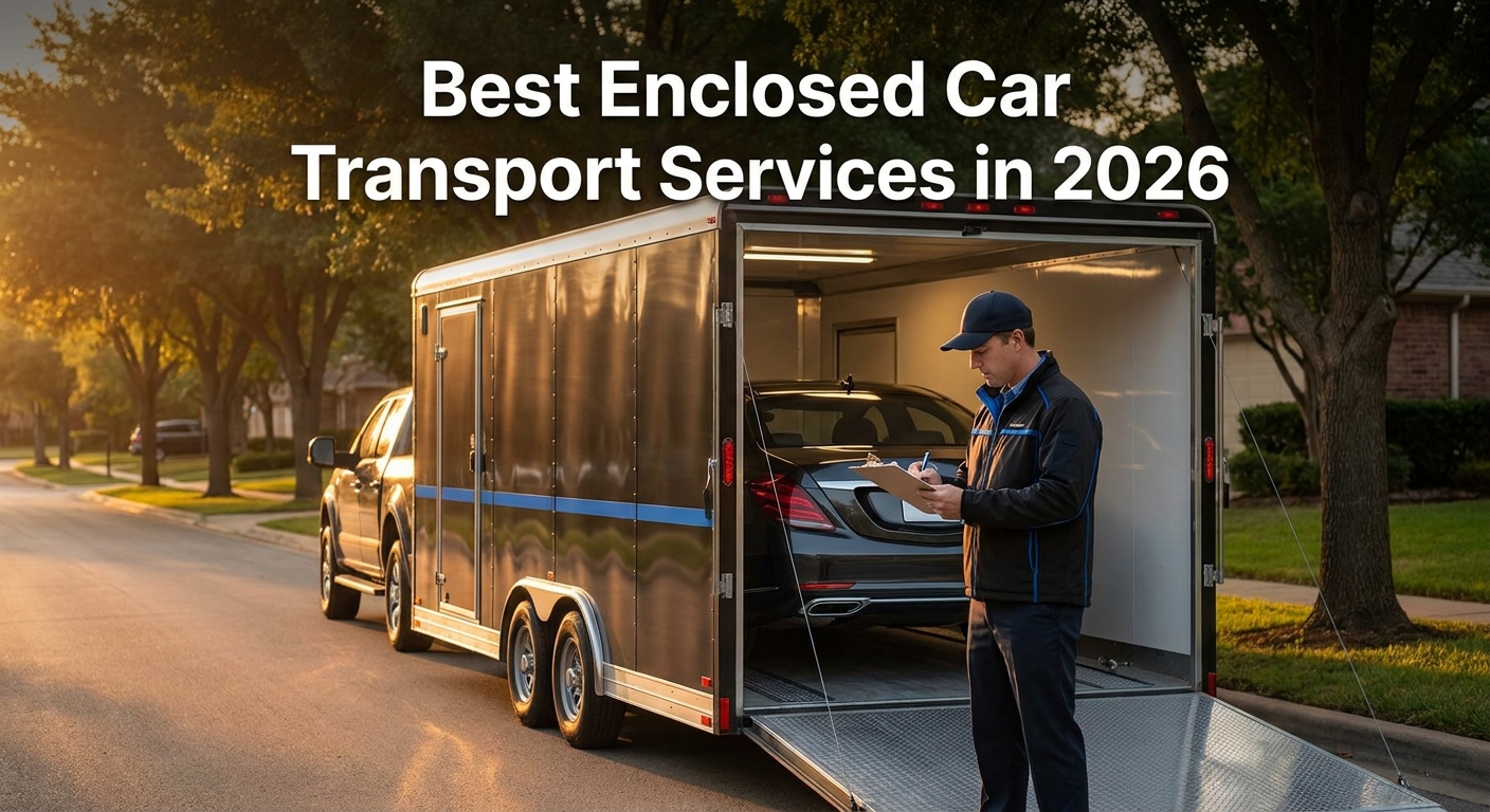 A photorealistic scene of a sleek enclosed car transport trailer parked on a wide suburban street at golden hour, a driver in a branded uniform conducting a vehicle inspection with a clipboard, luxury car partially visible at the trailer door, warm ambient light, cinematic composition. Alt: enclosed car transport service driver inspecting vehicle before loading into enclosed trailer.