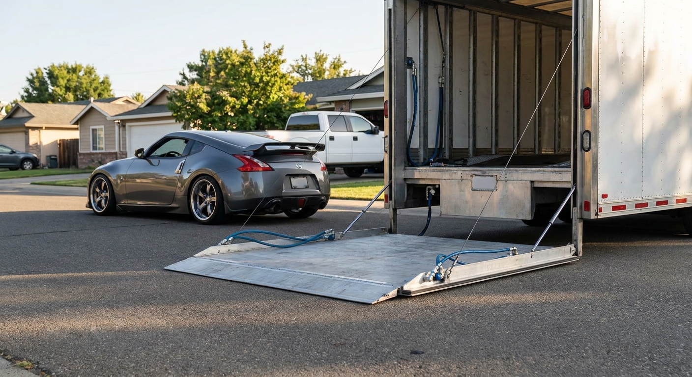 A photorealistic close-up of a hydraulic lift gate on an enclosed auto transport trailer being lowered to ground level on a residential street, a lowered modified sports car staged nearby ready to be loaded, sunlight reflecting off the car's paint, realistic detail and depth. Alt: hydraulic lift gate on enclosed car transport trailer for low ground clearance vehicles.