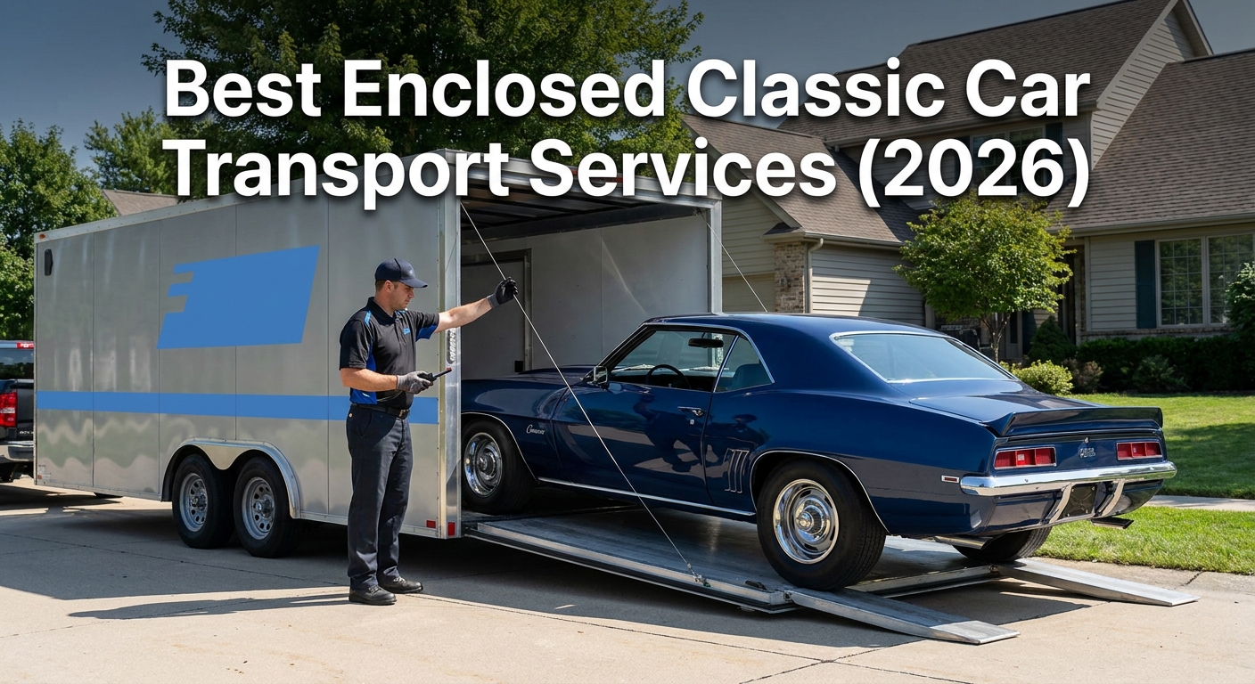 A photorealistic scene of a sleek enclosed car transport trailer being loaded with a restored classic muscle car on a sunny suburban driveway, with a professional driver in a uniform guiding the process. Brand accent color #4981CA appears on the trailer's signage. Alt: enclosed classic car transport service loading a restored muscle car into a covered trailer.