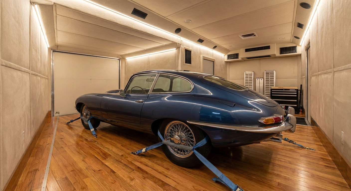 A photorealistic interior shot of a climate-controlled enclosed auto transport trailer, with a gleaming vintage sports car secured on a hardwood floor, soft tie-down wheel straps visible, and interior LED lighting illuminating the space. Alt: climate-controlled enclosed car transport trailer interior with a secured vintage classic car.