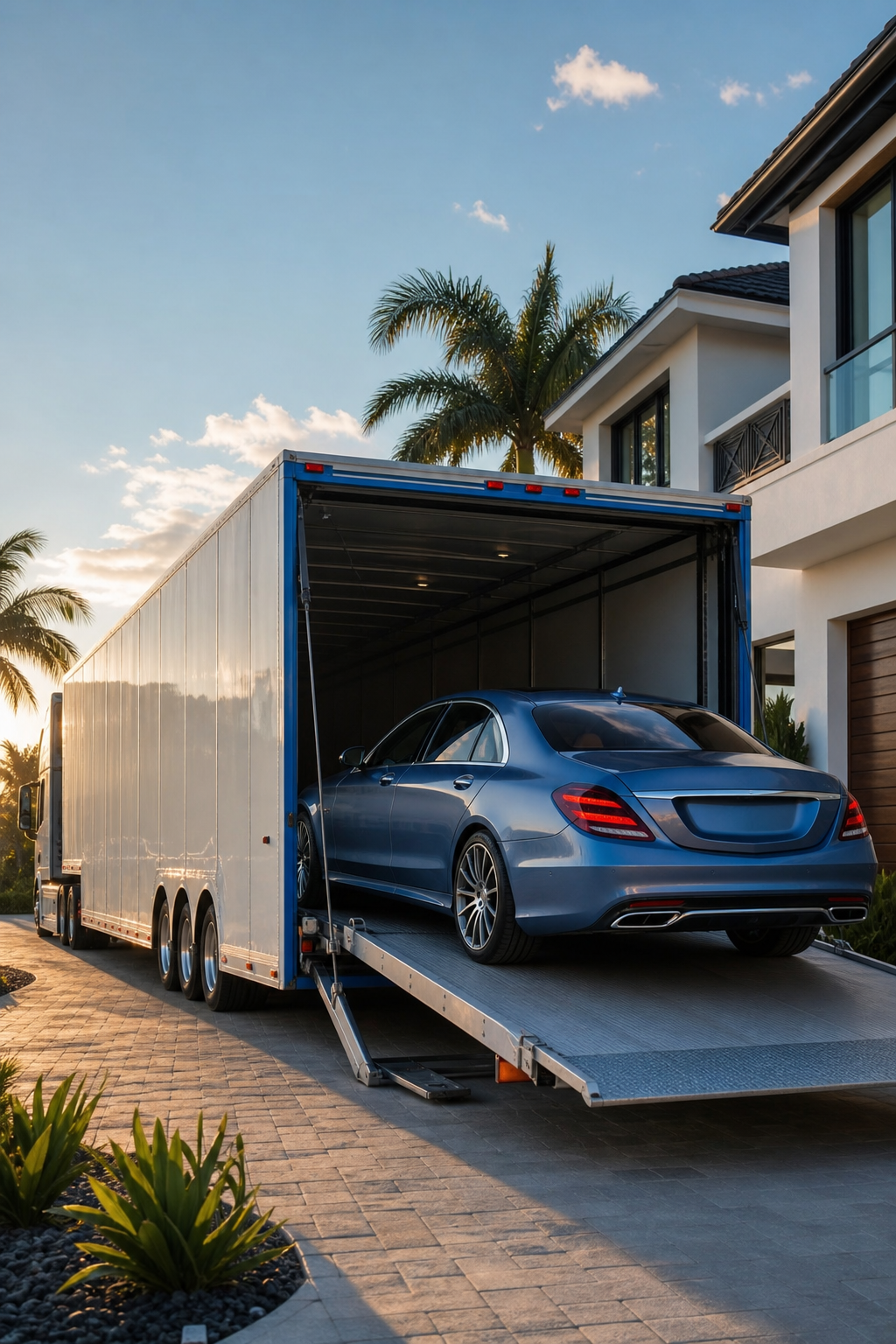 A photorealistic scene of a fully enclosed white auto transport trailer parked in front of a modern Florida home at golden hour, with a gleaming luxury sedan being carefully loaded via hydraulic lift gate, blue sky backdrop, no text or phone numbers visible. Alt: enclosed vehicle transport company loading luxury car into enclosed trailer.