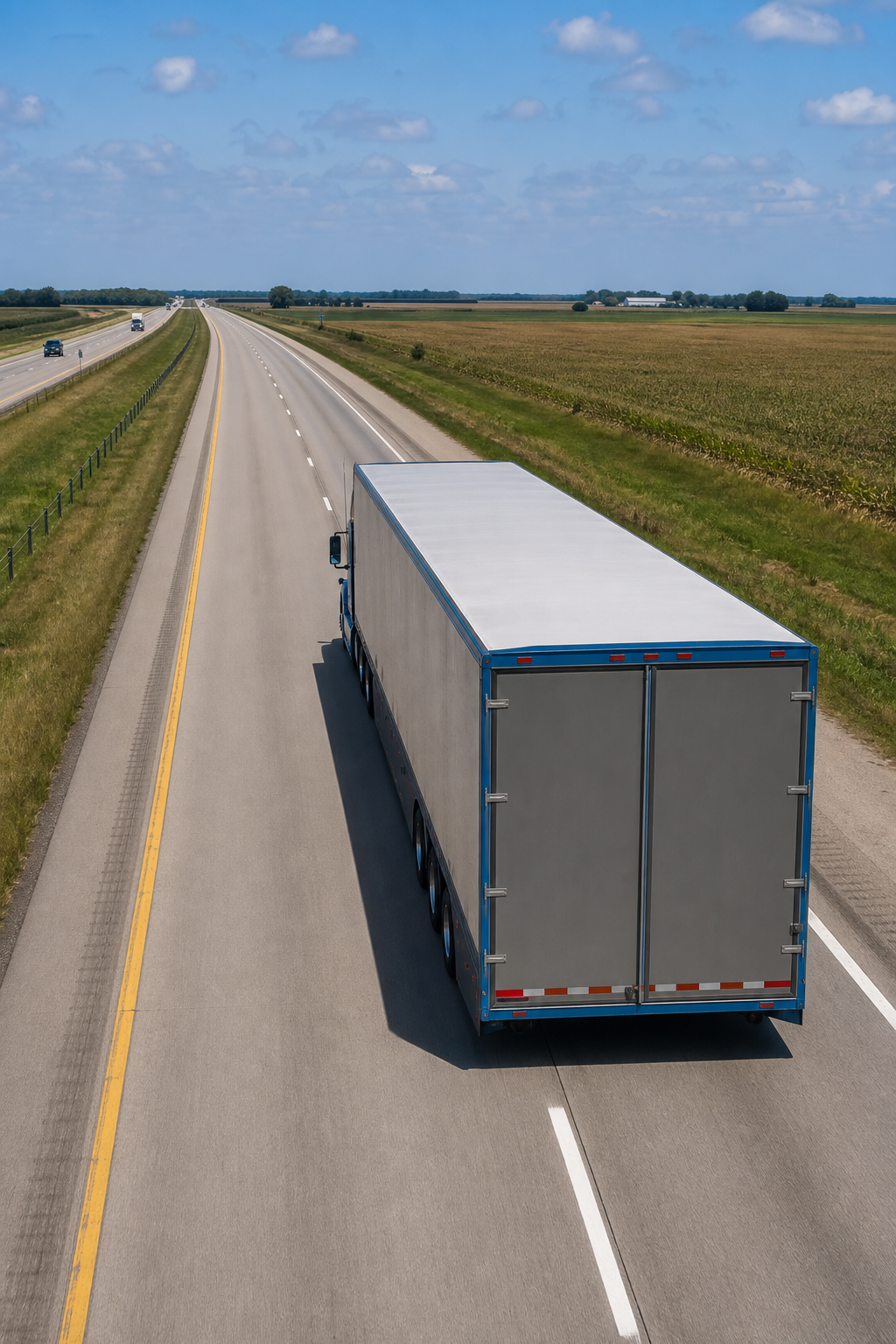 A realistic overhead view of a closed, fully enclosed auto transport trailer on a wide American interstate highway at midday, surrounded by open farmland, truck moving at speed, no text or phone numbers visible. Alt: enclosed auto transport trailer on US highway shipping vehicles nationwide.