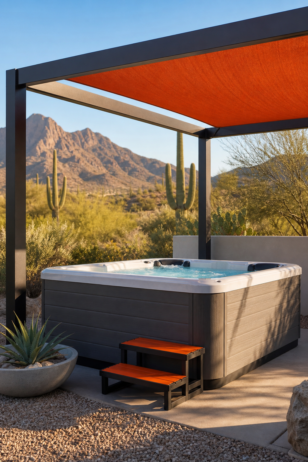 A photorealistic desert backyard scene with a modern hot tub under a pergola, shaded by a sail cloth, with cacti and mountains in background. Alt: Energy efficient hot tub in desert setting with shade structure to reduce heat gain.