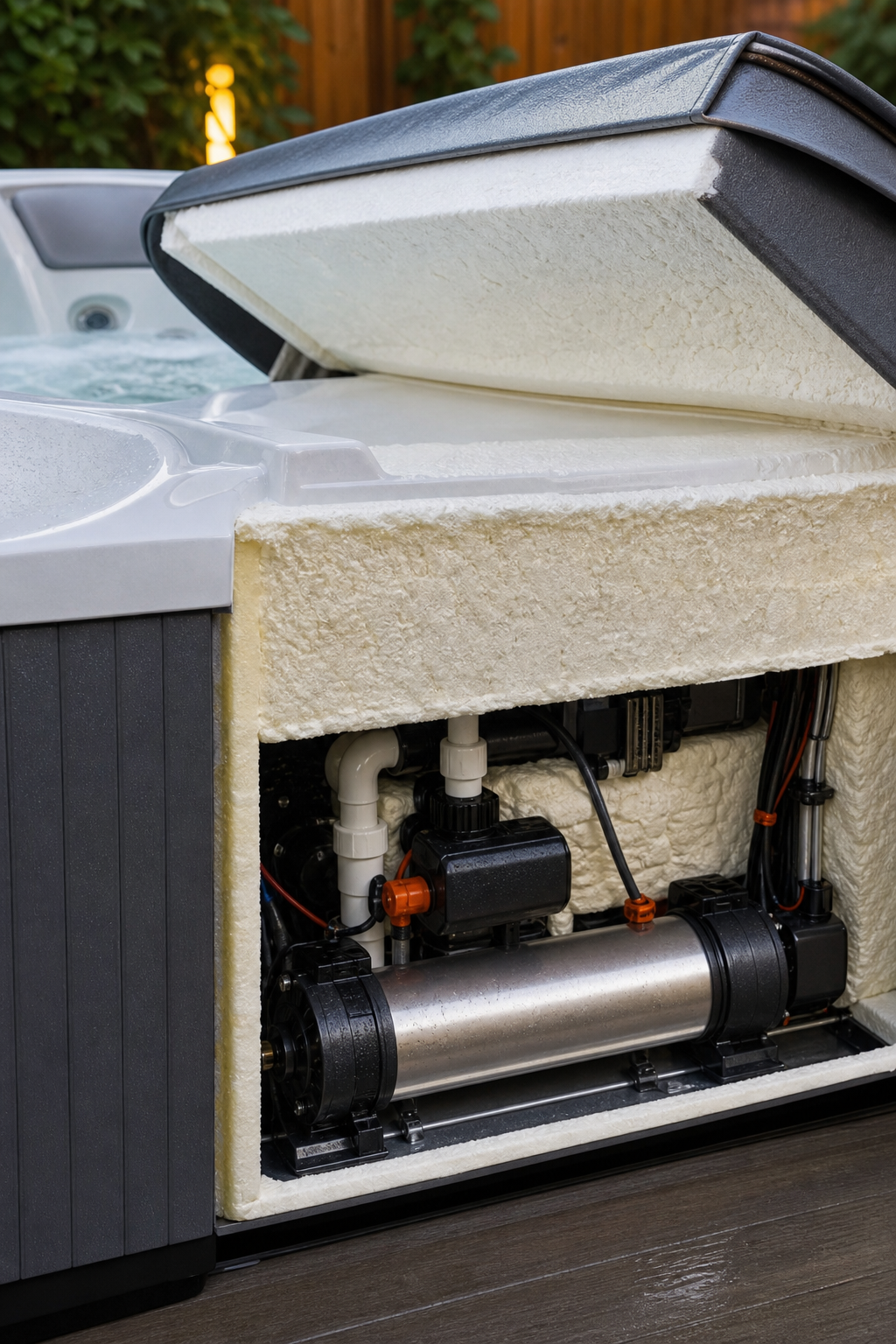 A close-up of a Sundance 880 series hot tub with the cover partially lifted, showing thick foam insulation and the titanium heater. Alt: Sundance Spas 880 series energy efficient hot tub showing full foam insulation and titanium heater.
