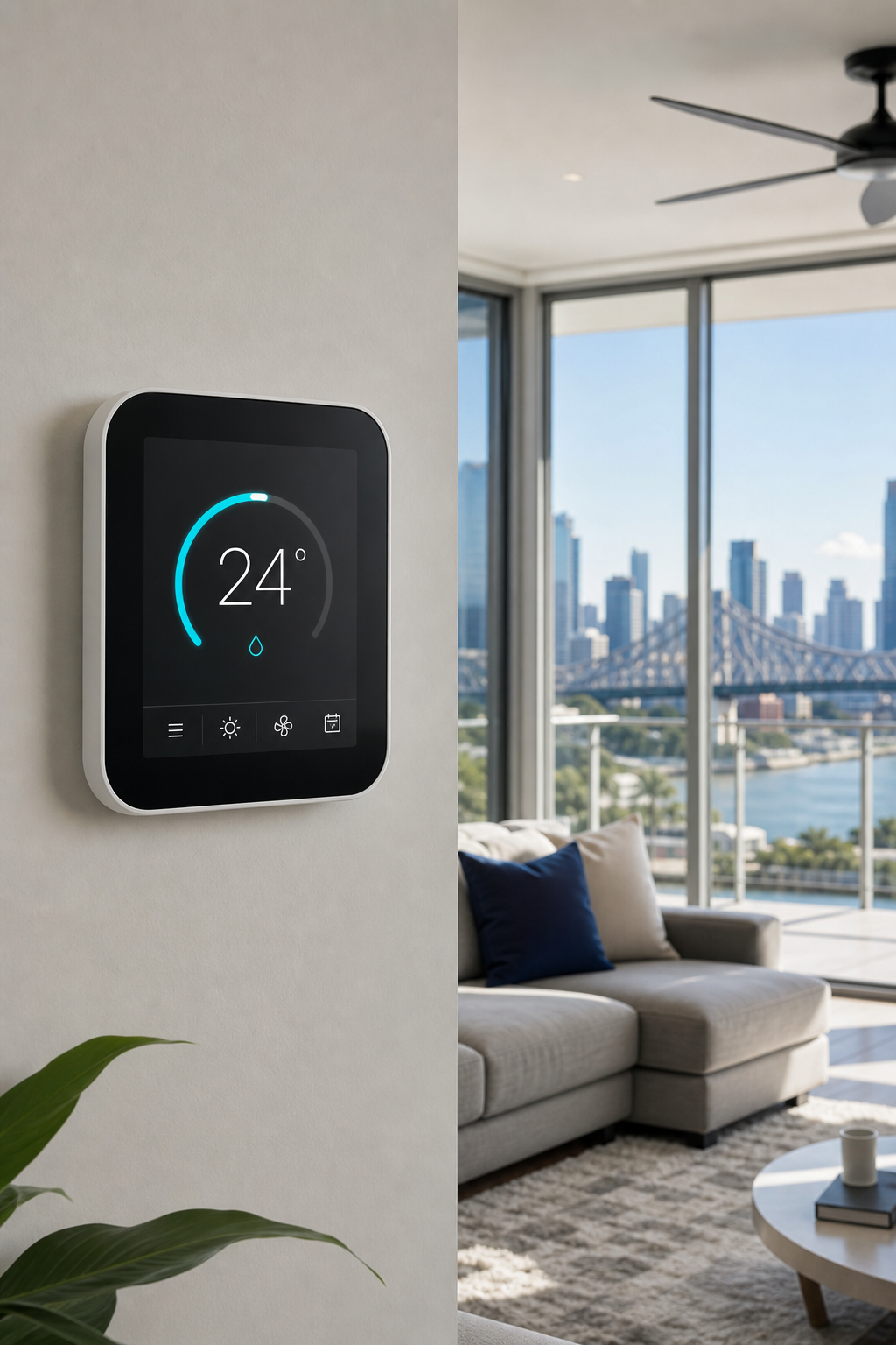 A realistic illustration of a smart thermostat mounted on a wall in a modern Australian living room, showing the device’s touchscreen interface, Alt: smart thermostat installation in Brisbane home