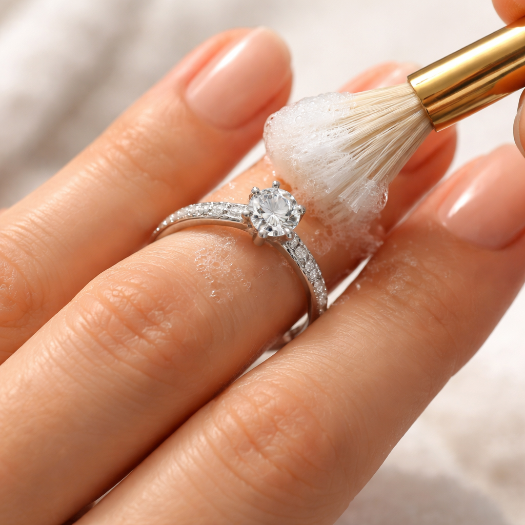 A photorealistic close‑up of a woman's hand wearing a Swiss‑designed engagement ring, showing the setting being gently cleaned with a soft brush. Alt: caring for engagement ring setting.