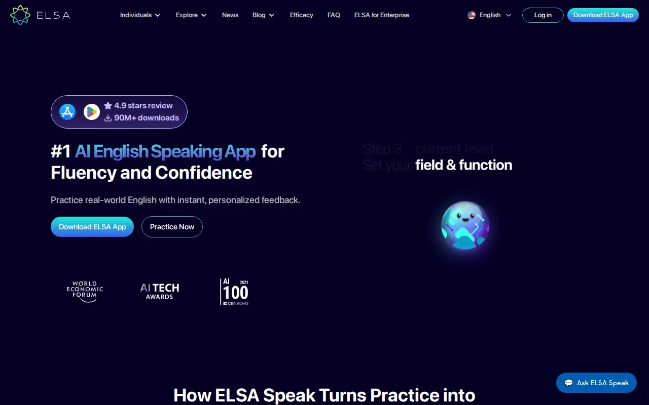 Screenshot of the ELSA Speak website