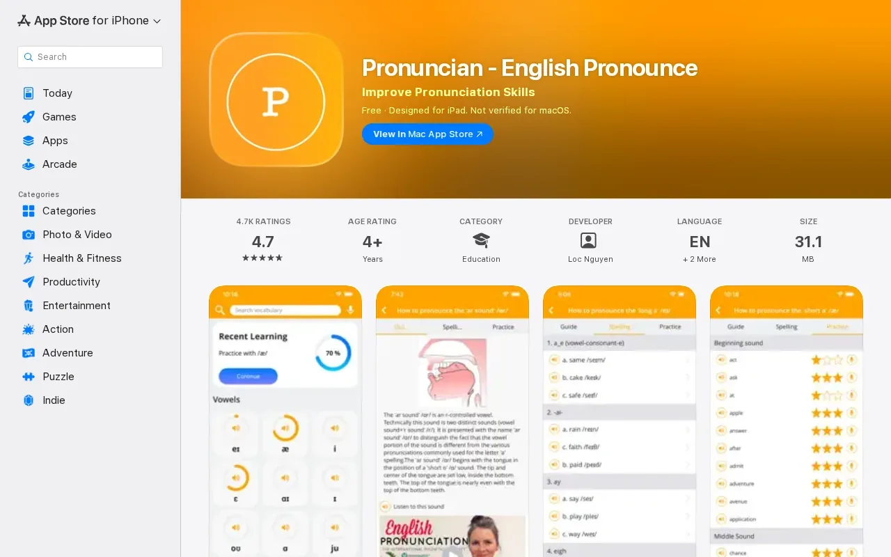 Screenshot of the Pronuncian English Pronounce App by Loc Nguyen website