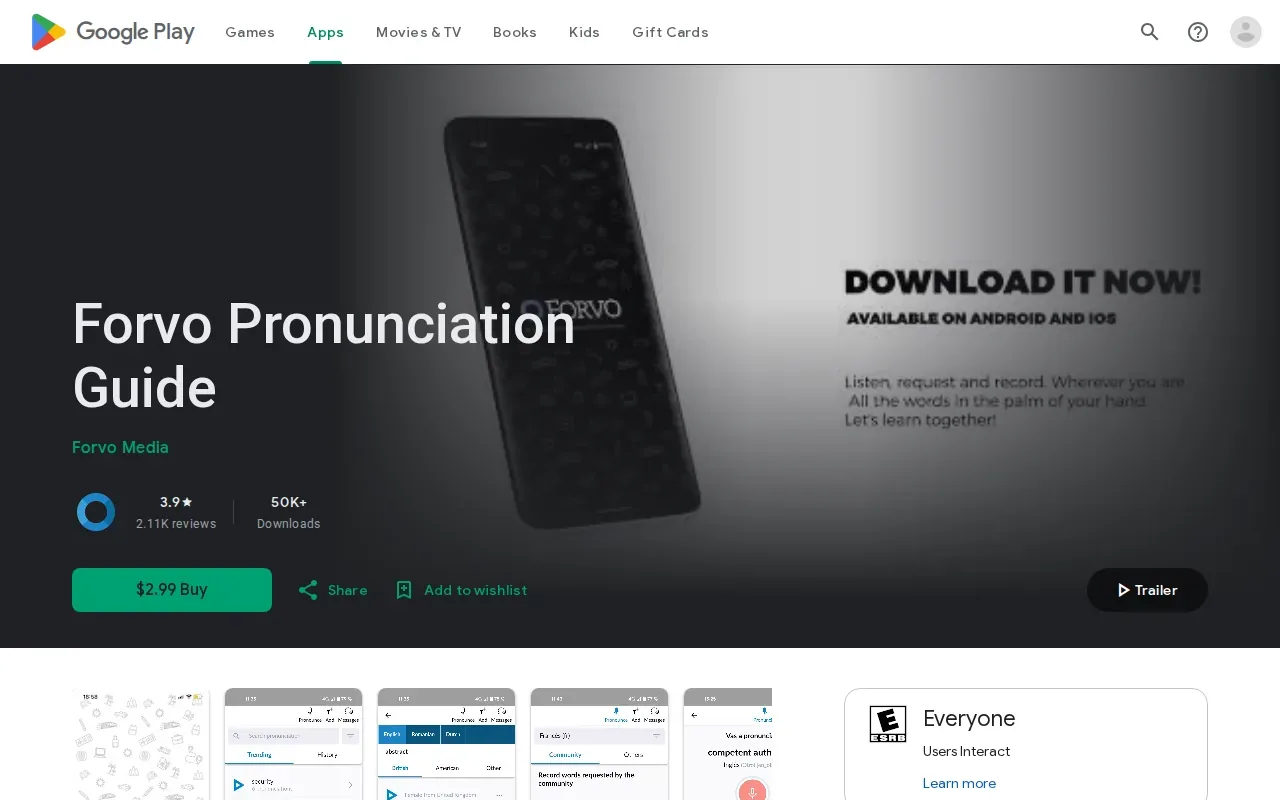 Screenshot of the Forvo Pronunciation Guide website