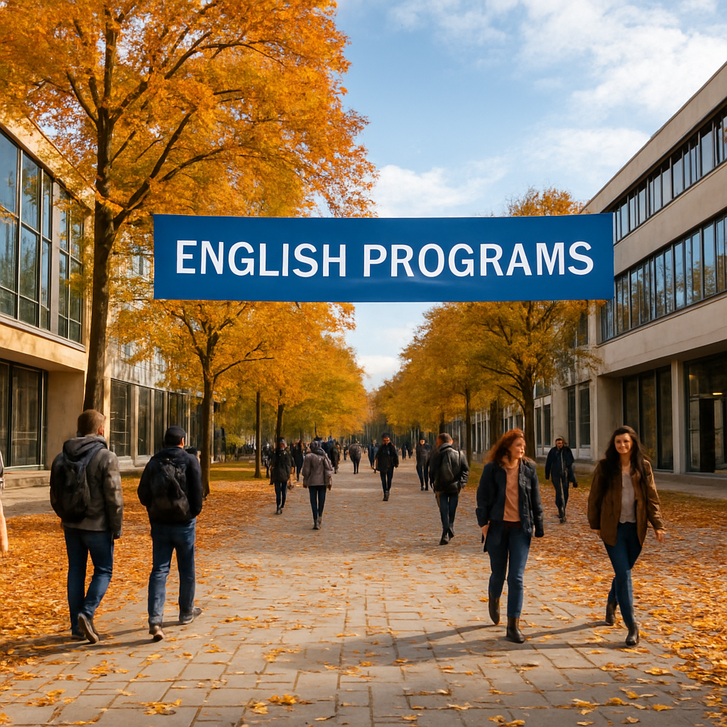 A panoramic view of the Technical University of Munich campus with students walking between modern lecture halls, bright autumn leaves on the ground, and a banner reading 