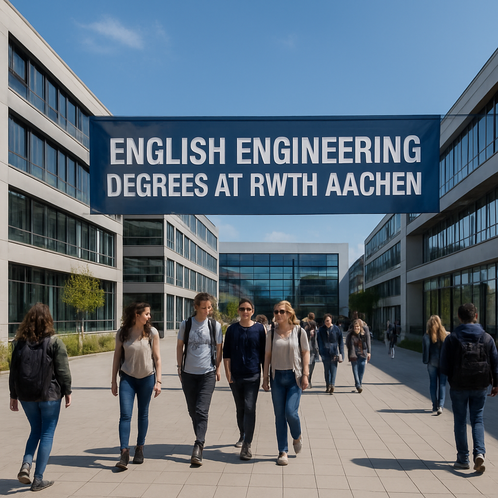 A panoramic view of RWTH Aachen campus with modern engineering labs, students walking, and a banner that says 