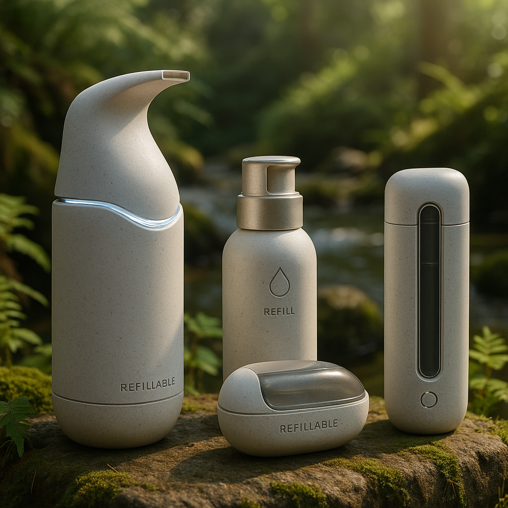 Concept art of futuristic sustainable refillable packaging in a natural setting. Alt: Innovative sustainable refillable body care packaging design emphasizing eco-conscious beauty.