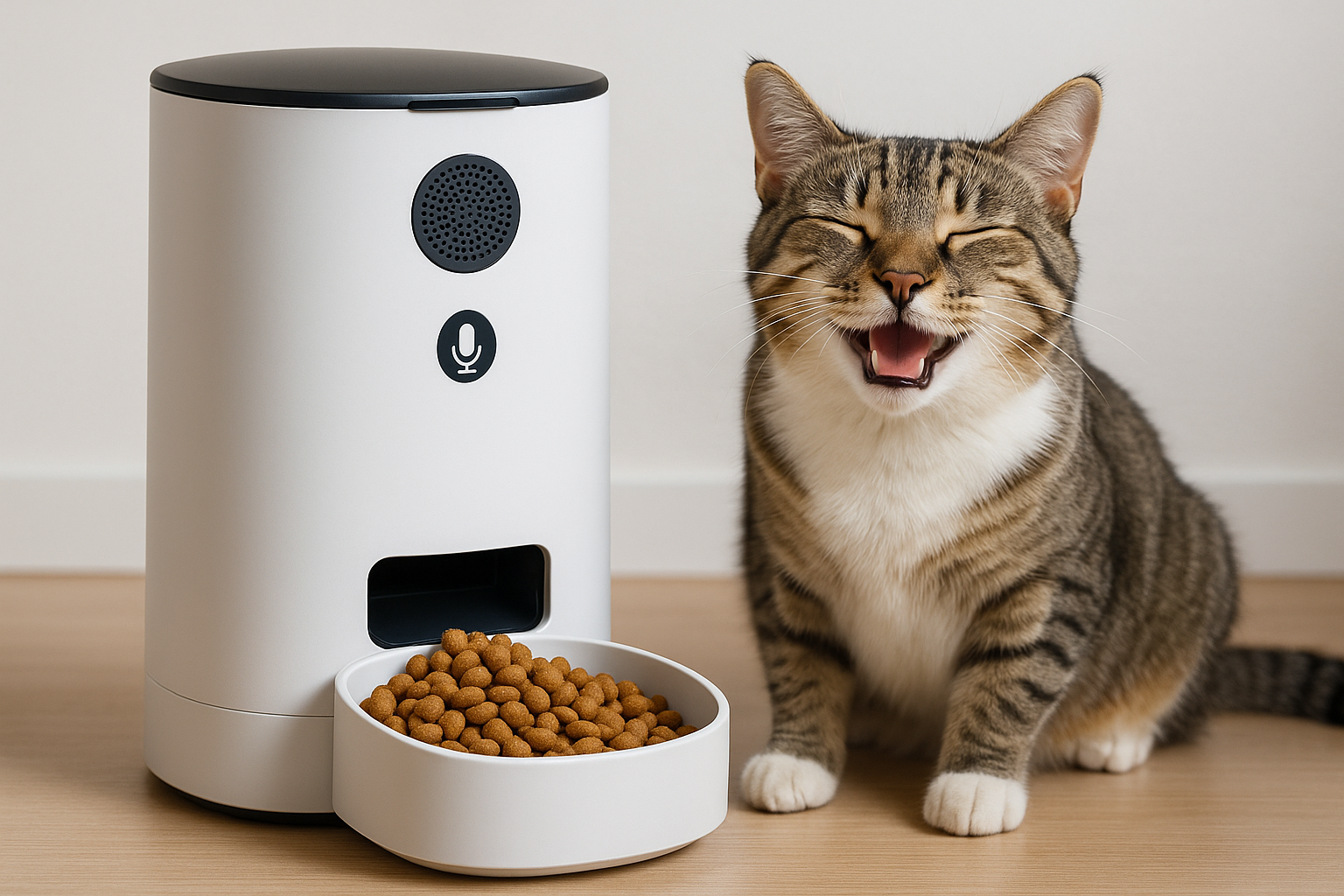 A modern automatic pet feeder with voice recorder feature displayed next to a happy cat. Alt: Automatic pet feeder voice recorder technology helping a cat eat on schedule.
